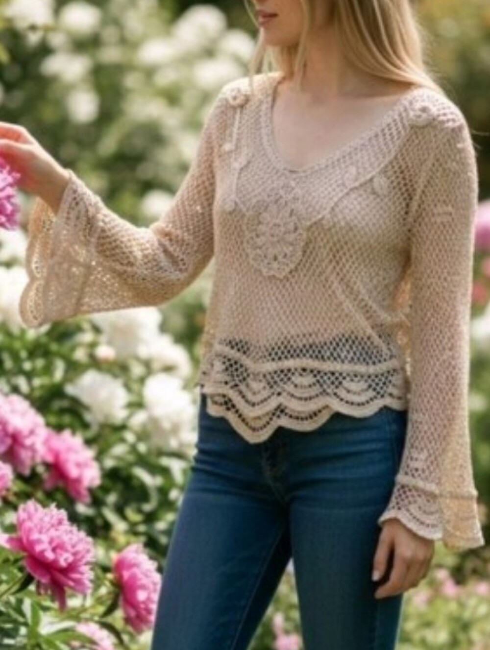 VTG Y2K Crochet Top Sequin Bell Sleeve Fairycore Festival Size XL